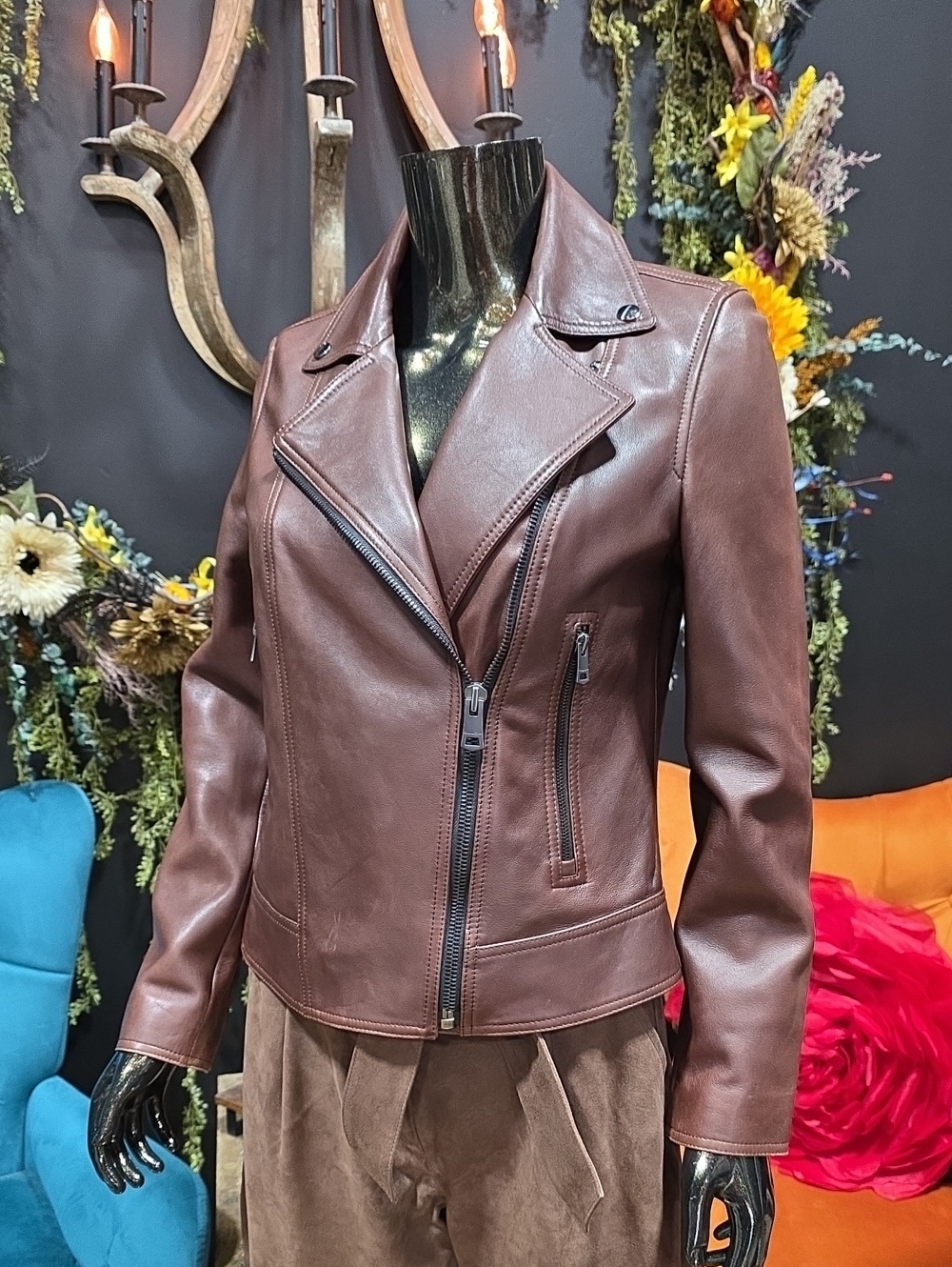 Massimo Dutti Deep Brown Leather Biker Jacket